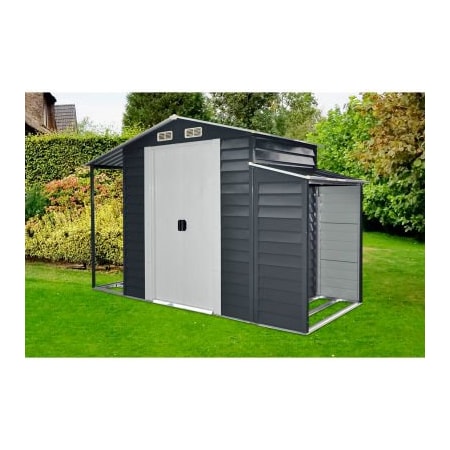 Almo Fulfillment Services Hanover Galvanized Steel Shed, 59-13/16"L x 123-3/5"W x 80"H, Dark Gray/White HANMLTISHD-GW